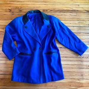 Vintage Wool Coat, Royal Blue with Black Buttons Faux Leather Accents